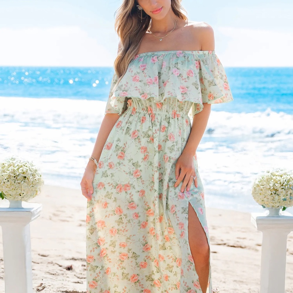 Cupshe Floral Strapless Dress - Green and Pink